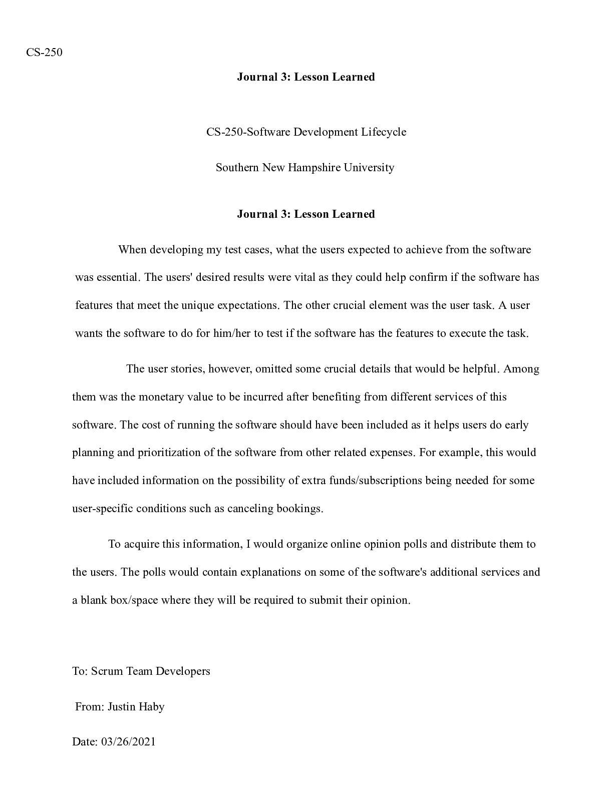 Preview image for Journal Tester|  CS-250  Journal 3: Lesson Learned  CS-250-Software Development Lifecy